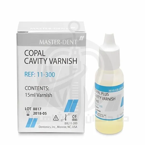 نمای روبهرو از وارنیش رزینی تکمحلولی Copal Cavity Varnish روی زمینه سفید